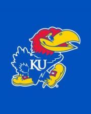 Photo of University of Kansas Jayhawk with a blue background. 